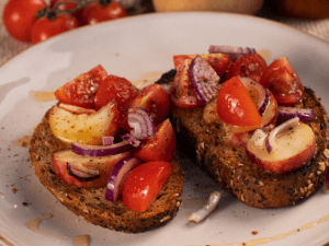 Plattpfirsich Tomate Bruschetta Foodblog Lukas Grett